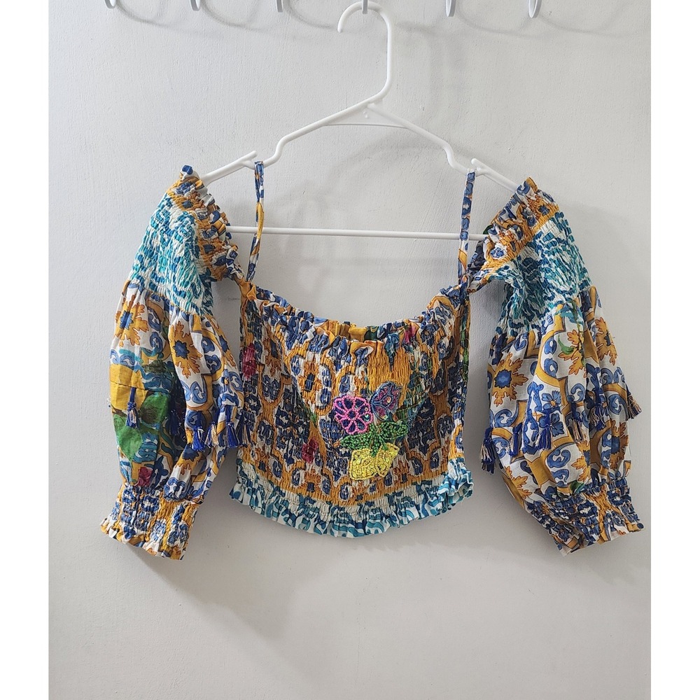 Antica Sartoria Giacomo Cinque Smocked Crop Top Tile Print Beaded Tassel OS